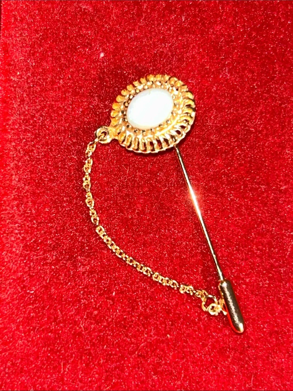 Gold and White Oval Stick Pin Brooch Lapel Pin Gorgeous RARE Chain Attached